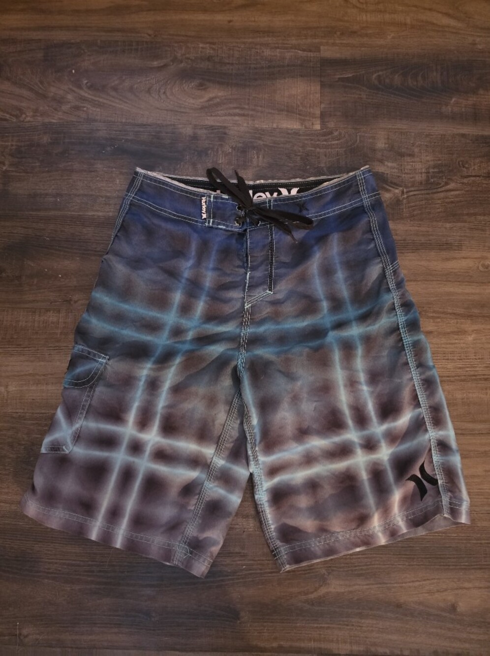 Hurley Polyester Blue Plaid Swim Trunks Board Shorts W28